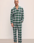 Model wears Men's Flannel Long PJ Set in Tartan Plaid Forest Green.