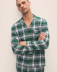 Model wears Men's Flannel Long PJ Set in Tartan Plaid Forest Green.