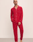 Model wears William Printed TENCEL™ Modal Long PJ Set in Winter Wonderland Haute Red/Ivory.