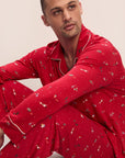 Model wears William Printed TENCEL™ Modal Long PJ Set in Winter Wonderland Haute Red/Ivory.