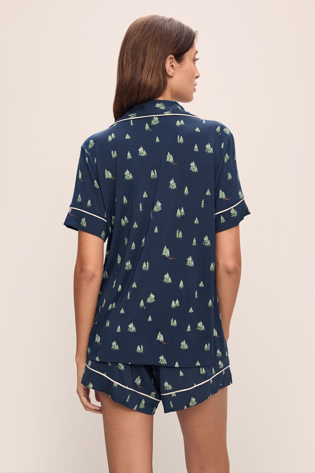 Model wears Gisele Printed TENCEL™ Modal Relaxed Short PJ Set in Woodland Pine Navy/Ivory.