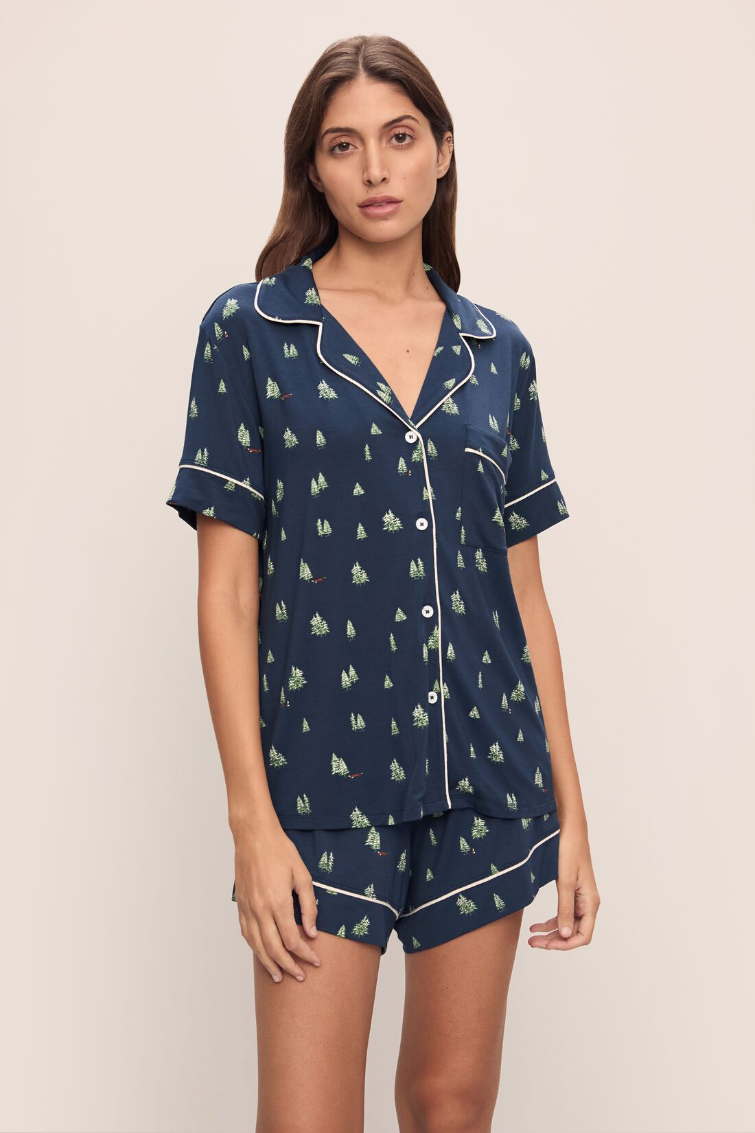 Model wears Gisele Printed TENCEL™ Modal Relaxed Short PJ Set in Woodland Pine Navy/Ivory.