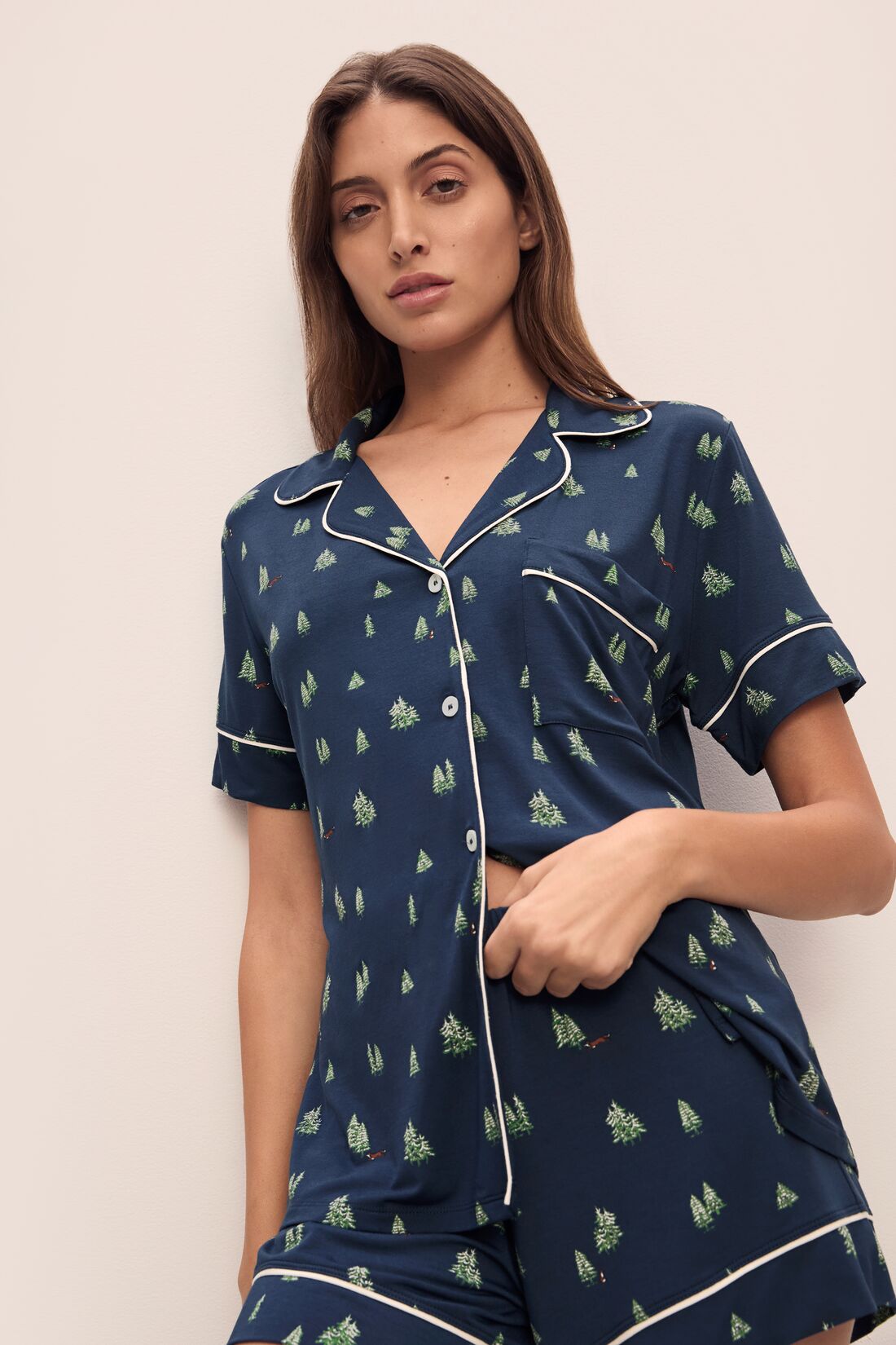 Model wears Gisele Printed TENCEL™ Modal Relaxed Short PJ Set in Woodland Pine Navy/Ivory.