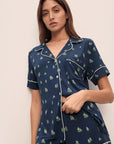 Model wears Gisele Printed TENCEL™ Modal Relaxed Short PJ Set in Woodland Pine Navy/Ivory.