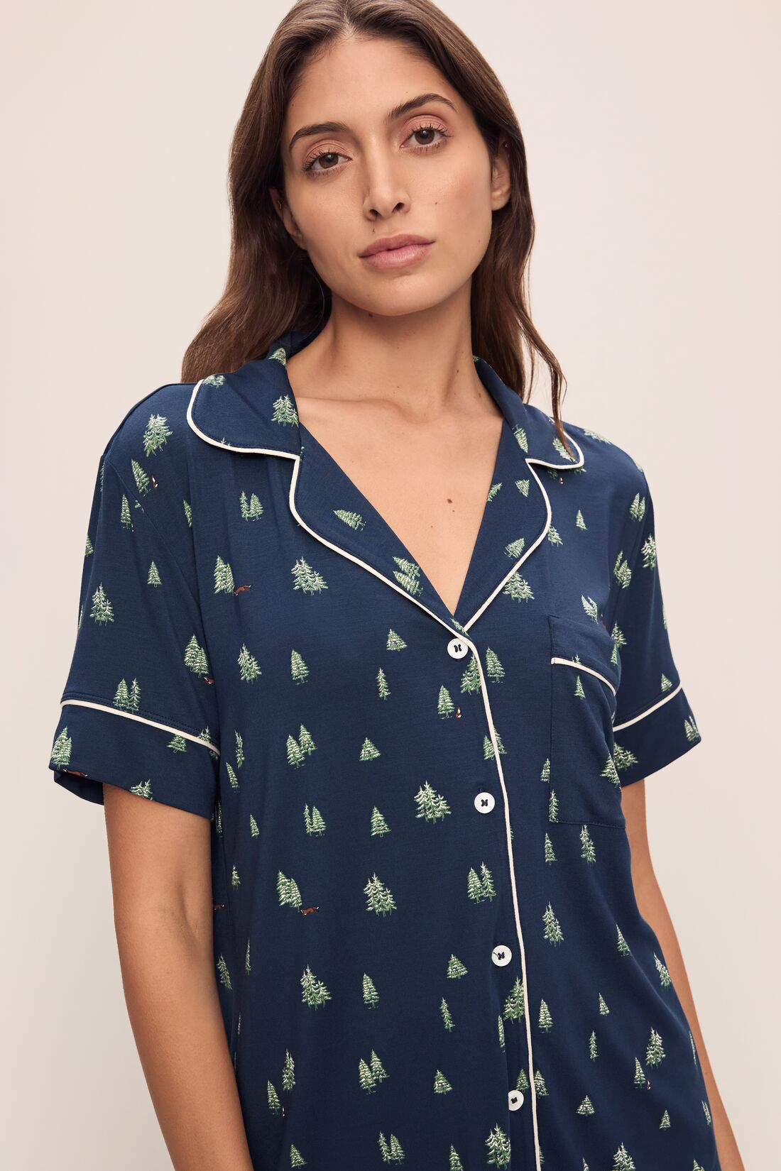 Model wears Gisele Printed TENCEL™ Modal Relaxed Short PJ Set in Woodland Pine Navy/Ivory.