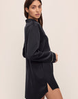 Model wears Inez Washable Silk Sleepshirt in Black/Champagne.