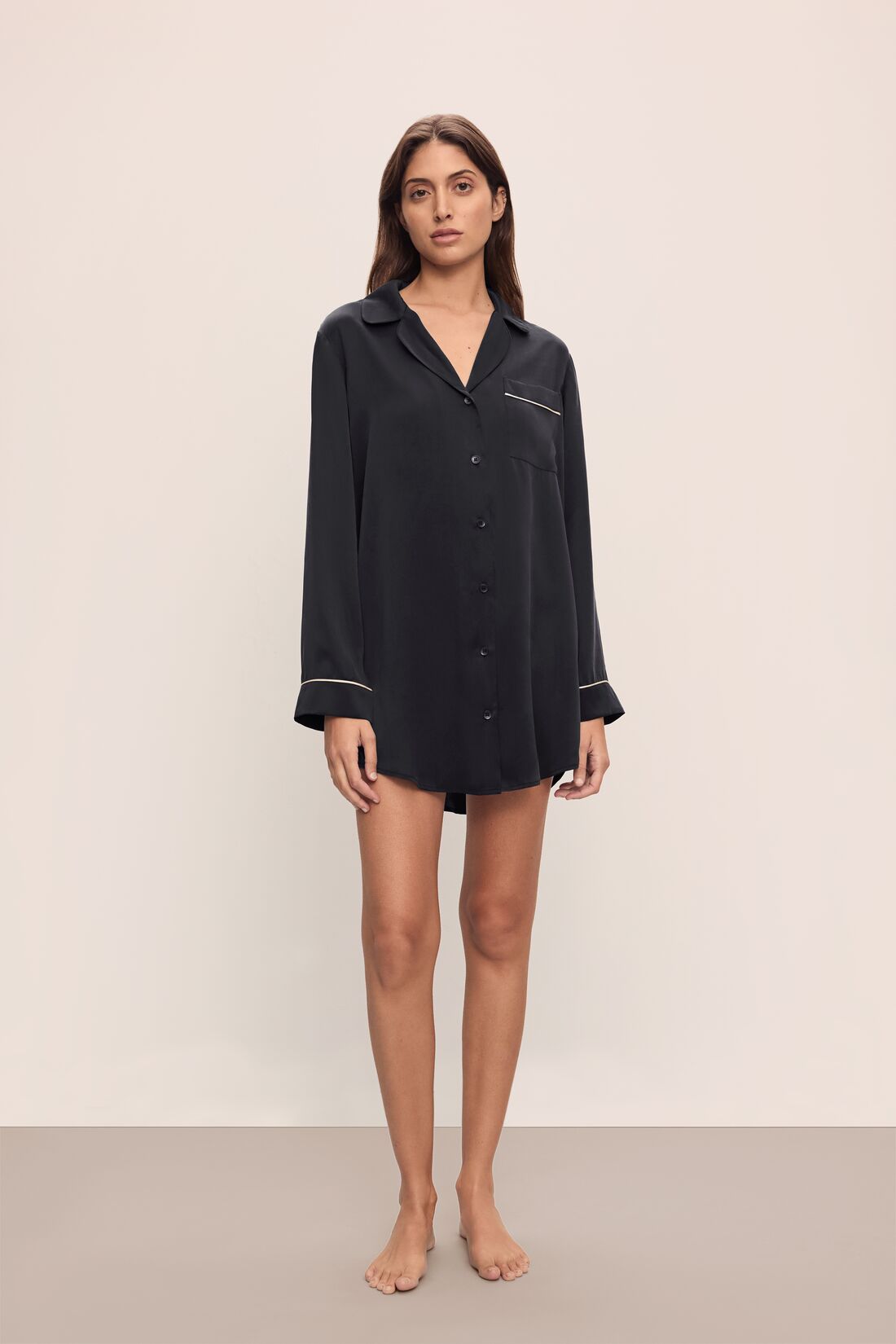 Model wears Inez Washable Silk Sleepshirt in Black/Champagne.