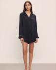 Model wears Inez Washable Silk Sleepshirt in Black/Champagne.