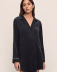 Model wears Inez Washable Silk Sleepshirt in Black/Champagne.