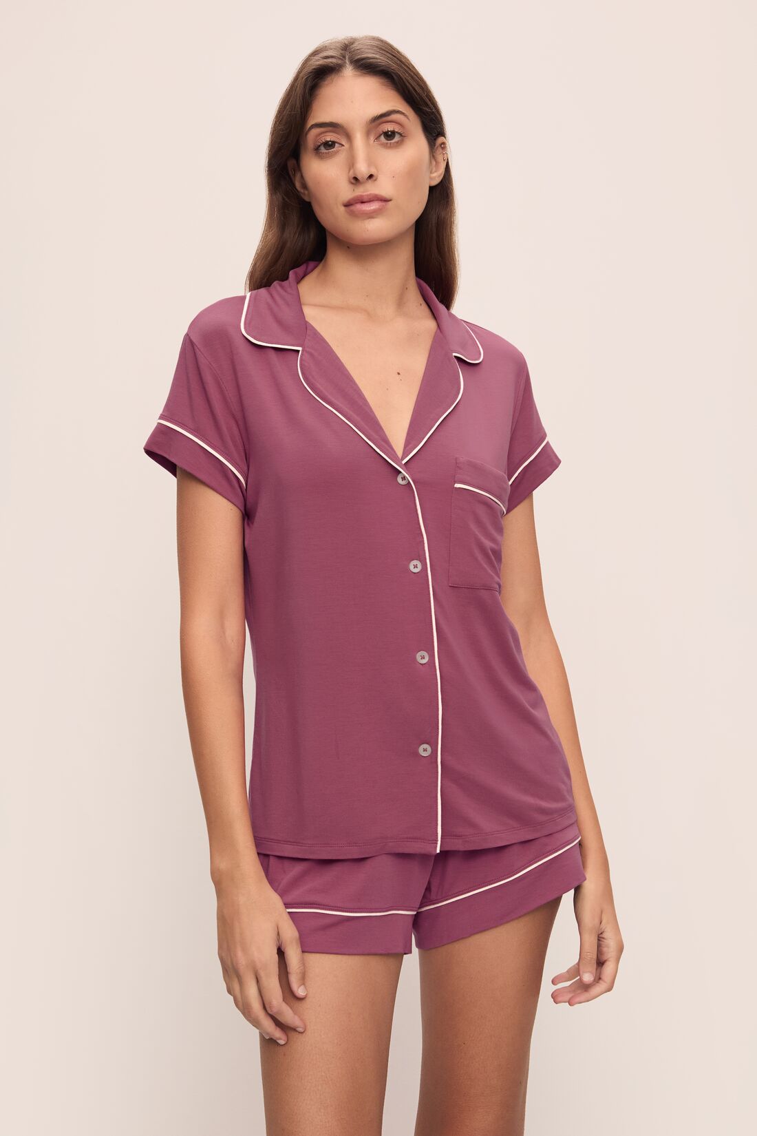 Model wears Gisele TENCEL™ Modal Shortie Short PJ Set in Raspberry/Ivory.