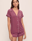 Model wears Gisele TENCEL™ Modal Shortie Short PJ Set in Raspberry/Ivory.