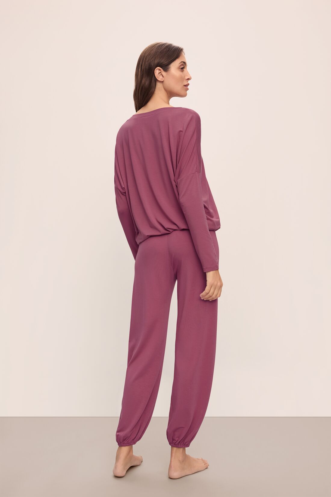 Model wears Gisele TENCEL™ Modal Slouchy PJ Set in Raspberry/Ivory.