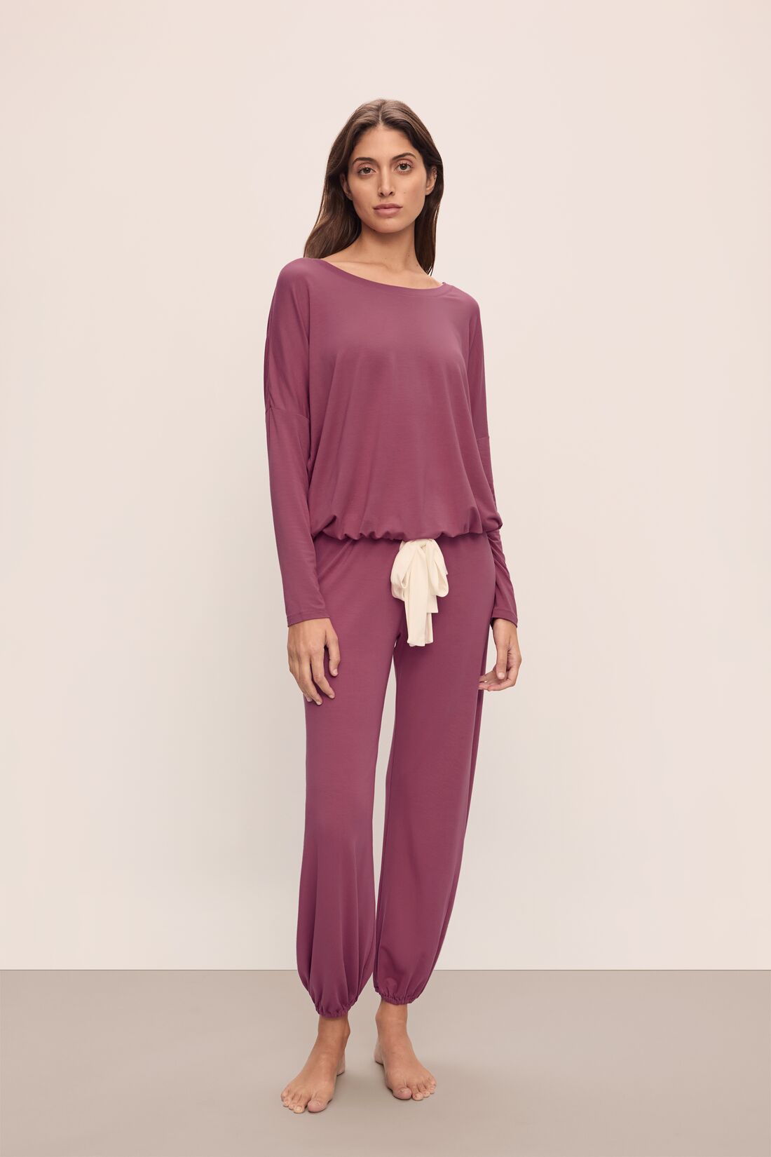 Model wears Gisele TENCEL™ Modal Slouchy PJ Set in Raspberry/Ivory.