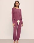 Model wears Gisele TENCEL™ Modal Slouchy PJ Set in Raspberry/Ivory.