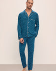 Model wears William Printed TENCEL™ Modal Long PJ Set in Festive Lights Sapphire/Ivory.