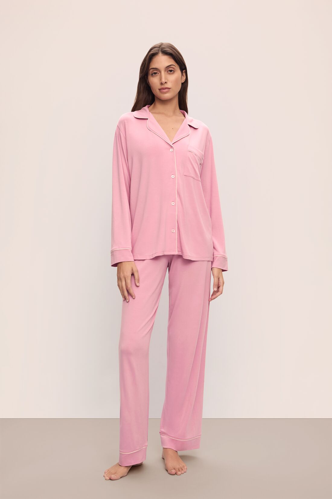 Image of model wearing Gisele TENCEL™ Modal Long PJ Set in Rose Quartz/Petal Pink