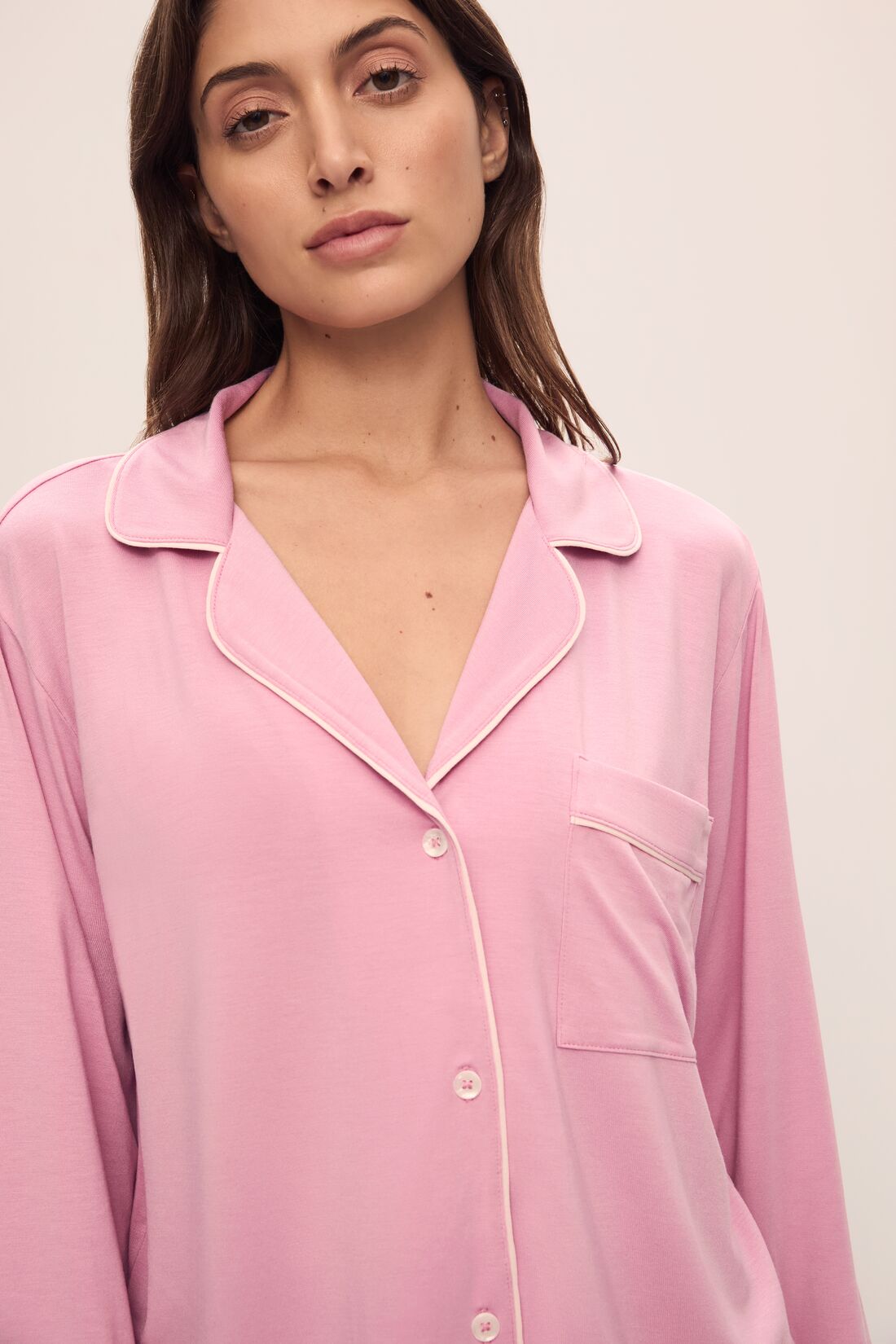 Detail image of model wearing Gisele TENCEL™ Modal Long PJ Set in Rose Quartz/Petal Pink