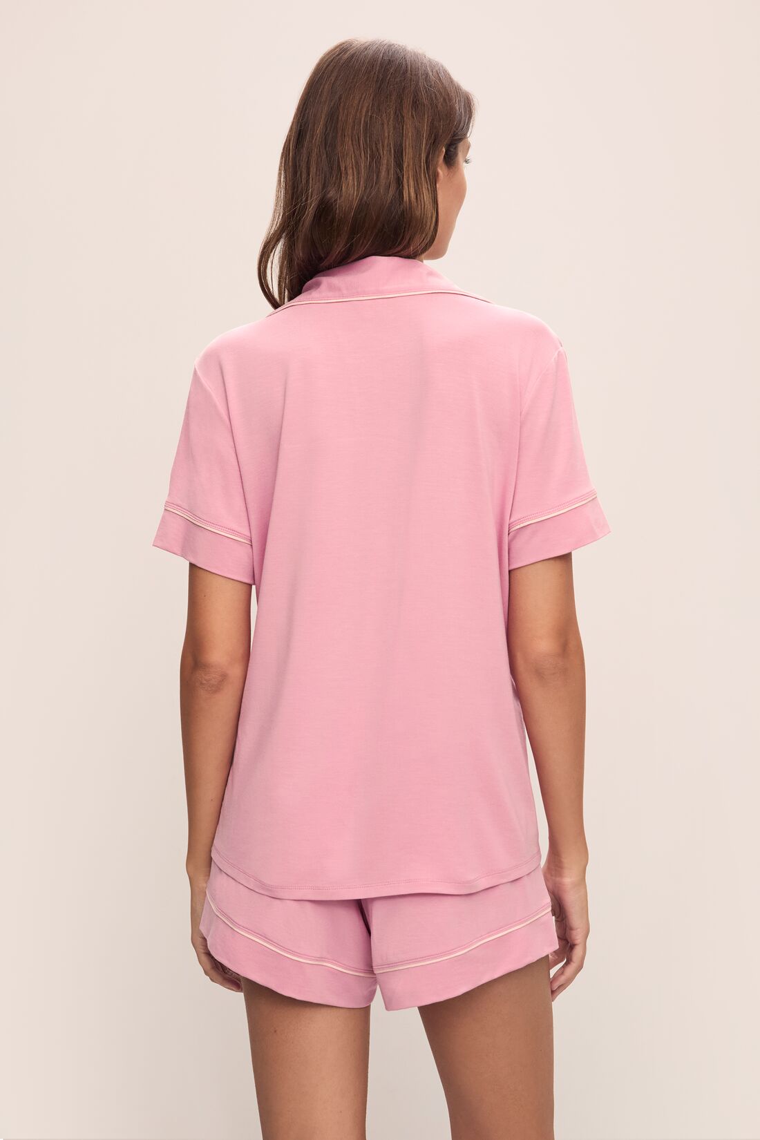 Back image of model wearing Gisele TENCEL™ Modal Relaxed Short PJ Set in Rose Quartz/Petal Pink