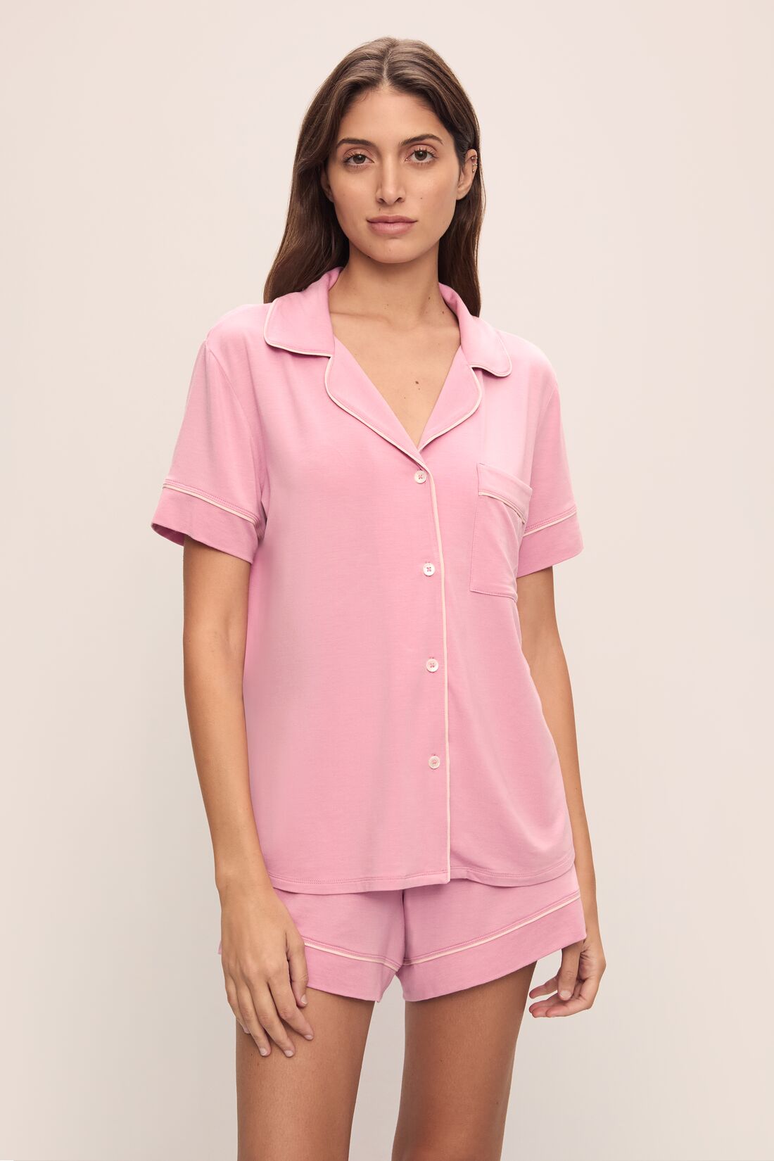 Image of model wearing Gisele TENCEL™ Modal Relaxed Short PJ Set in Rose Quartz/Petal Pink