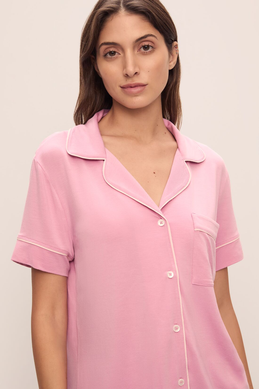 Detail image of  model wearing Gisele TENCEL™ Modal Relaxed Short PJ Set in Rose Quartz/Petal Pink