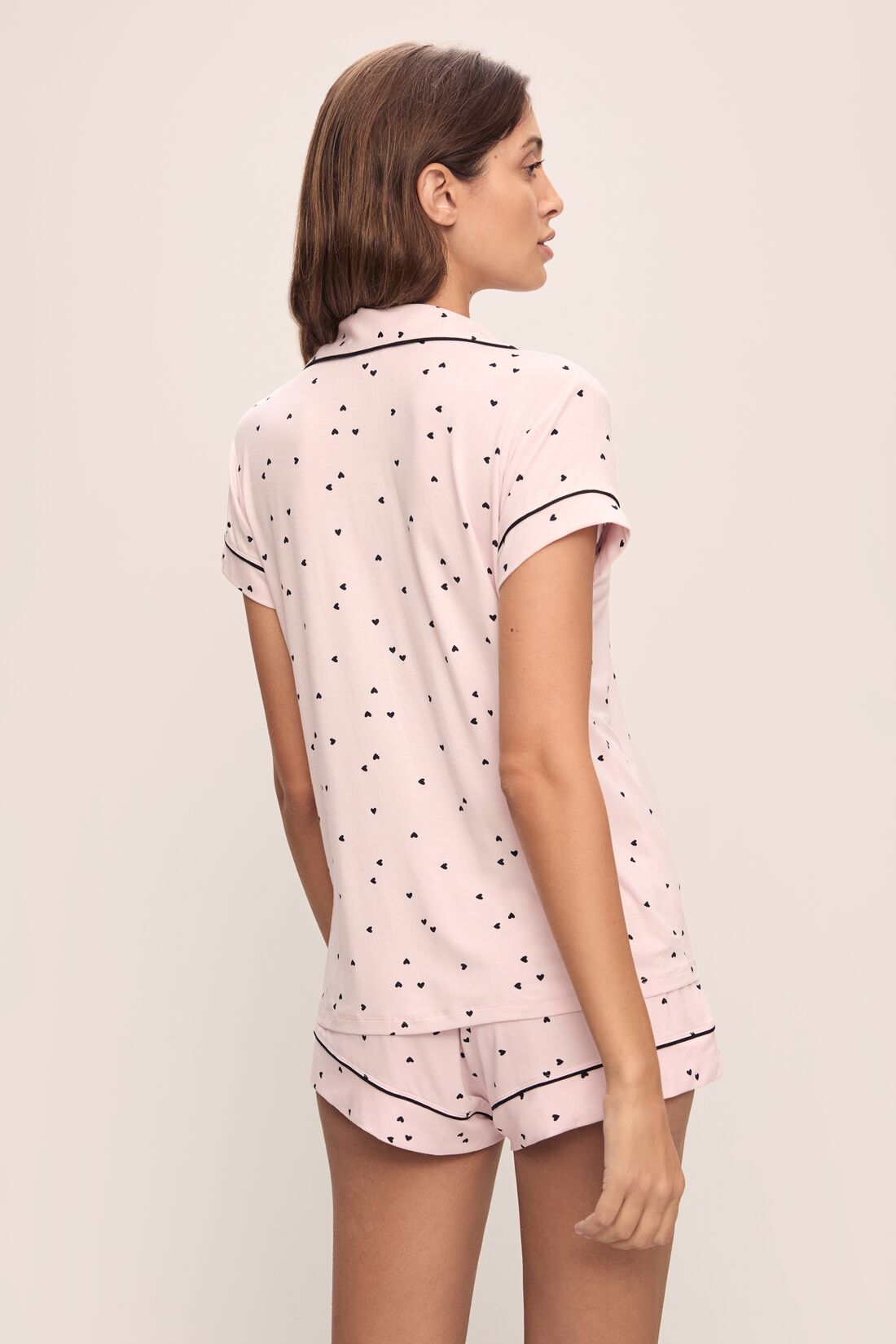 Back image of model wearing Gisele Printed TENCEL™ Modal Shortie Short PJ Set in Little Heart Sorbet Pink/Black