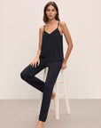 Model wears Fiona TENCEL™ Modal Cami & Pant PJ Set in black.