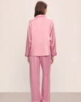 Back image of model in Inez Washable Silk Long PJ Set in Rose quartz/Petal Pink