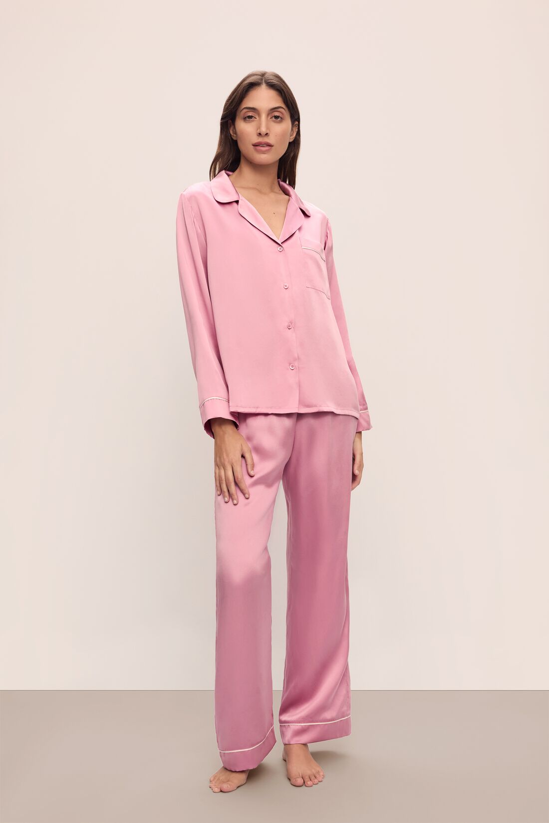 Image of model in Inez Washable Silk Long PJ Set in Rose Quartz/Petal Pink