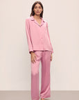 Image of model in Inez Washable Silk Long PJ Set in Rose Quartz/Petal Pink