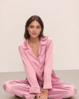 Image of model in Inez Washable Silk Long PJ Set in Rose quartz/Petal Pink