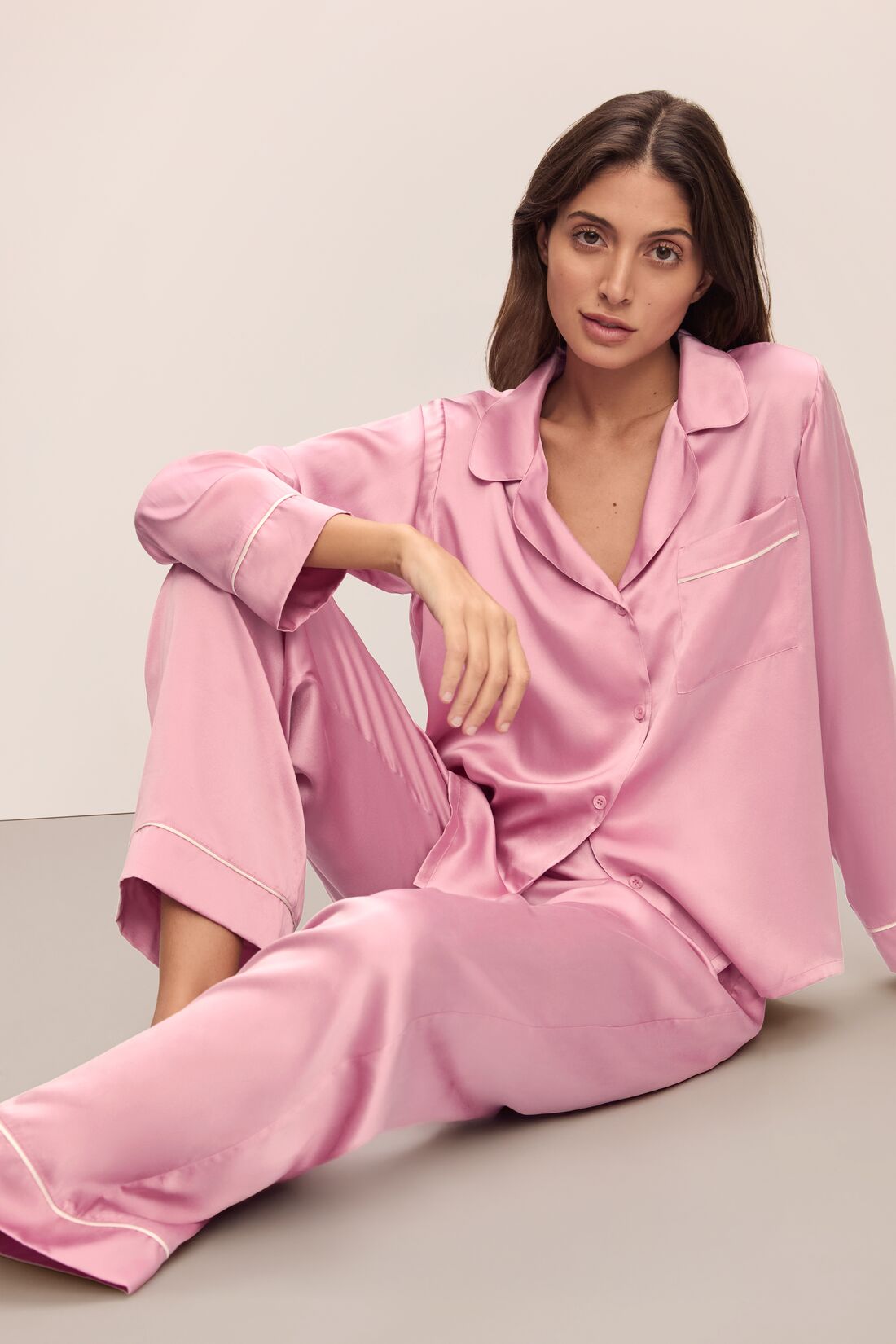 Image of model in Inez Washable Silk Long PJ Set in Rose quartz/Petal Pink