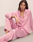 Image of model in Inez Washable Silk Long PJ Set in Rose quartz/Petal Pink