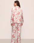 Model is wearing Inez Washable Silk Printed Long PJ Set in Ikebana Pearl/Dusty Rose.