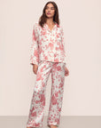 Model is wearing Inez Washable Silk Printed Long PJ Set in Ikebana Pearl/Dusty Rose.