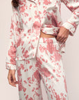 Model is wearing Inez Washable Silk Printed Long PJ Set in Ikebana Pearl/Dusty Rose.