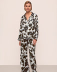 Model is wearing Inez Washable Silk Printed Long PJ Set in Rose Memoire Pearl/Black