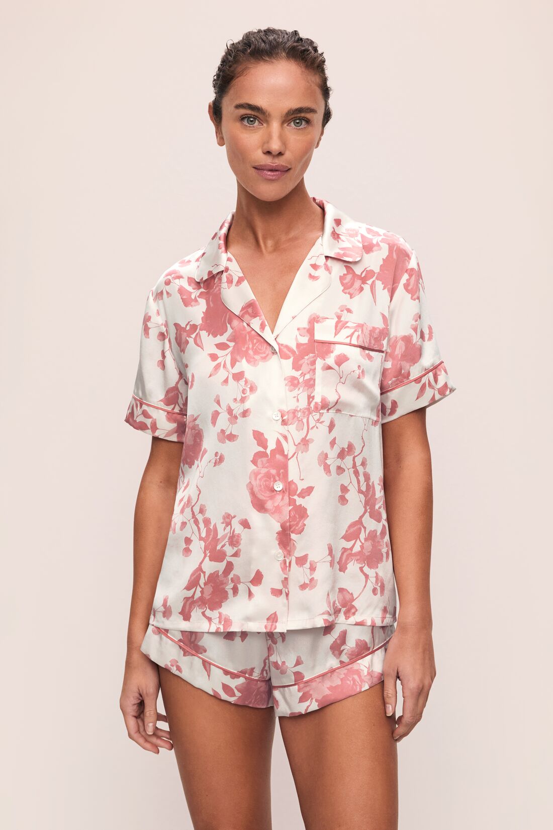 Model is wearing Inez Washable Silk Printed Short PJ Set in Ikebana Pearl/Dusty Rose.