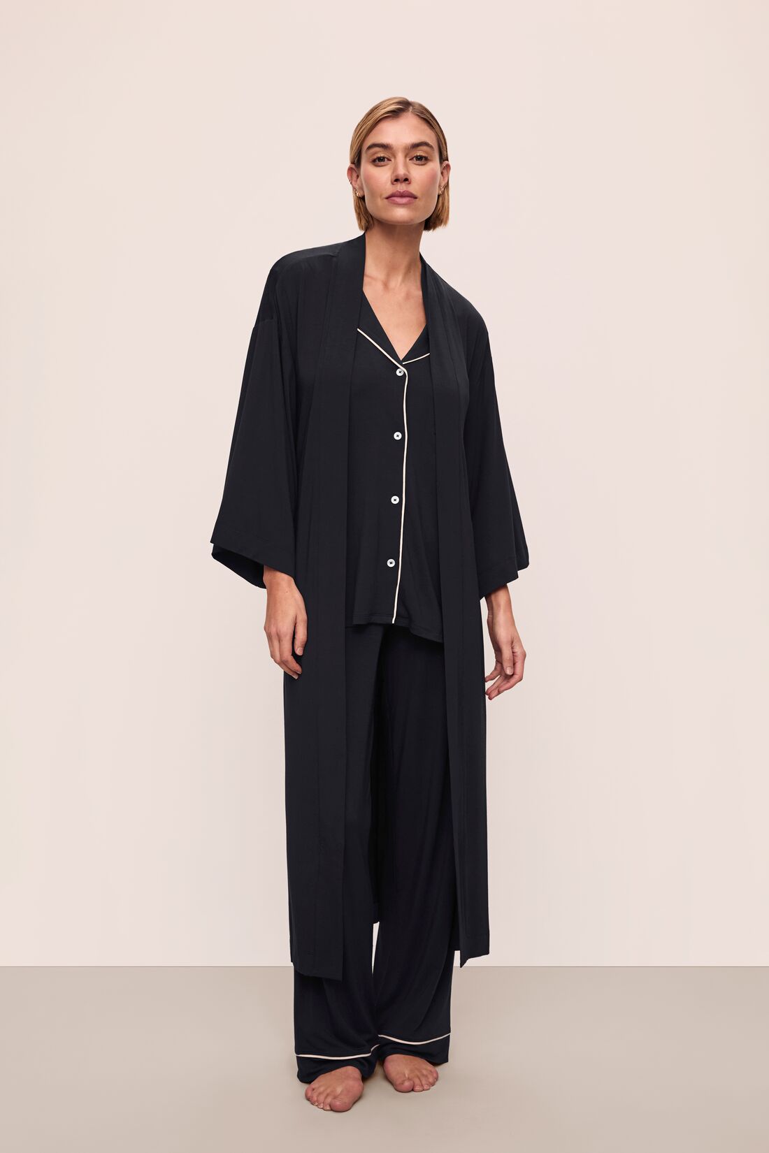 Model is wearing Gisele TENCEL™ Modal Everyday Long Robe in Black