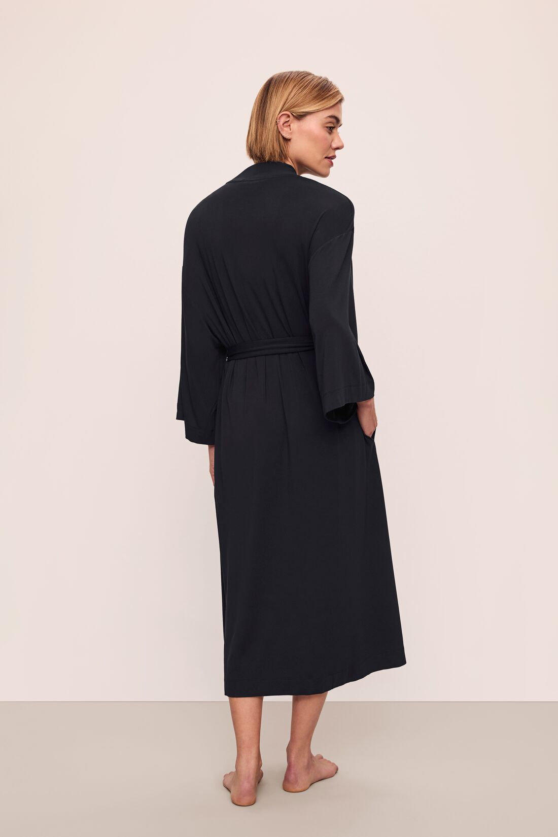 Model is wearing Gisele TENCEL™ Modal Everyday Long Robe in Black