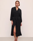 Model is wearing Gisele TENCEL™ Modal Everyday Long Robe in Black