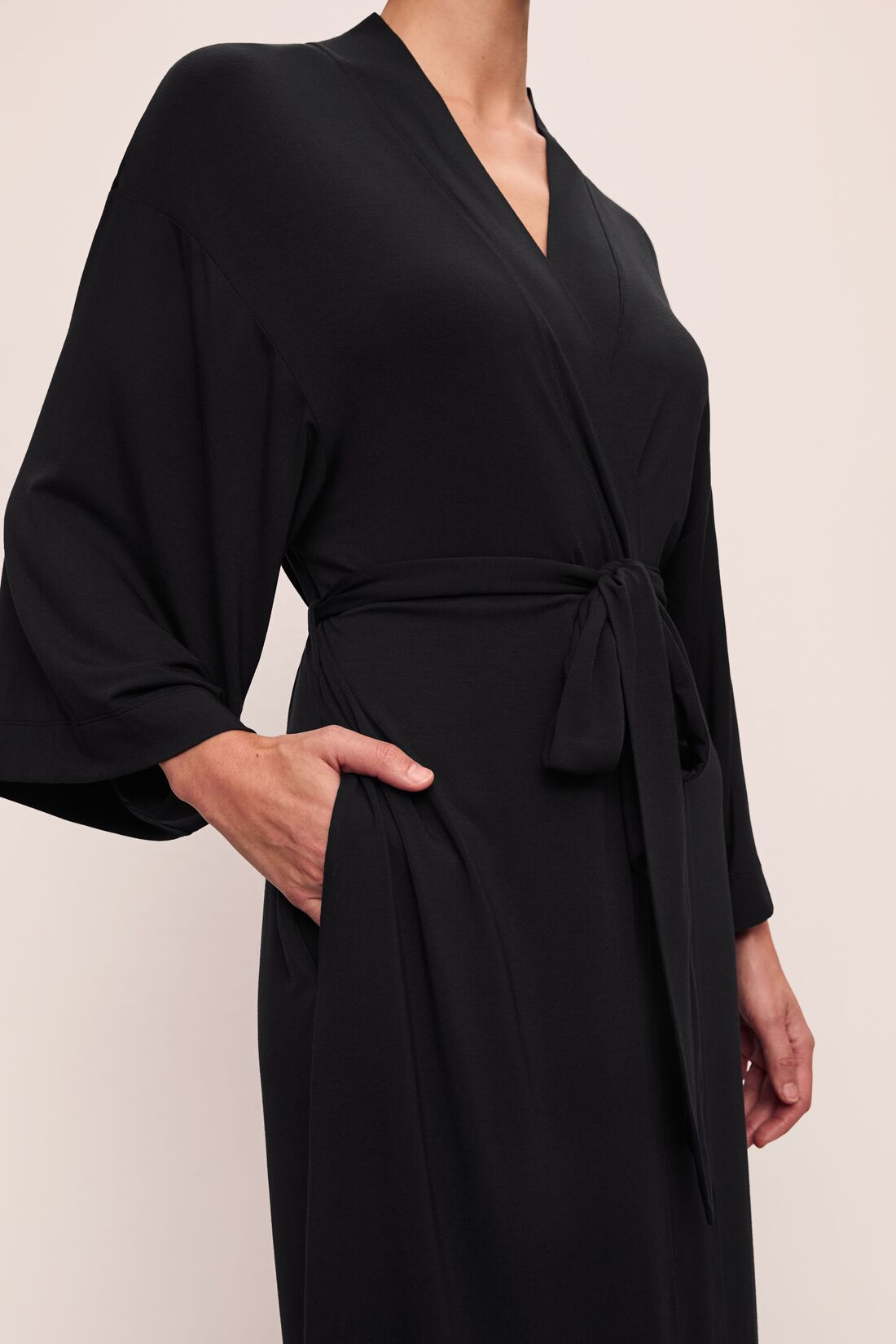 Model is wearing Gisele TENCEL™ Modal Everyday Long Robe in Black