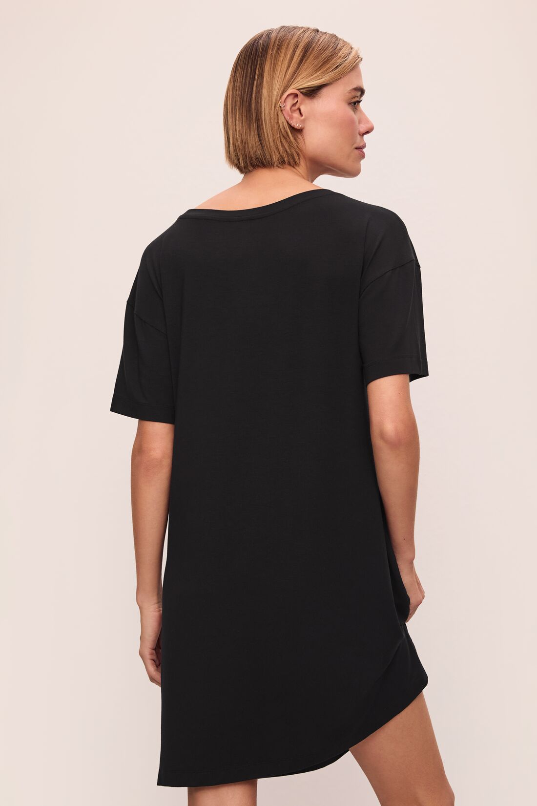 Model wears Gisele TENCEL™ Modal Everyday Short Sleeve Sleepshirt in black.