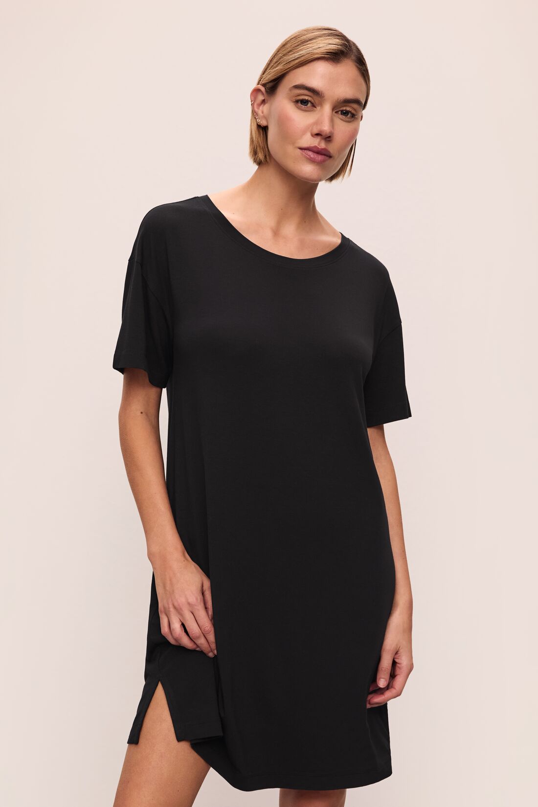 Model wears Gisele TENCEL™ Modal Everyday Short Sleeve Sleepshirt in black.