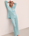 Model is wearing Gisele Tencel™ Modal Long Pj Set in Canal Blue/Ivory