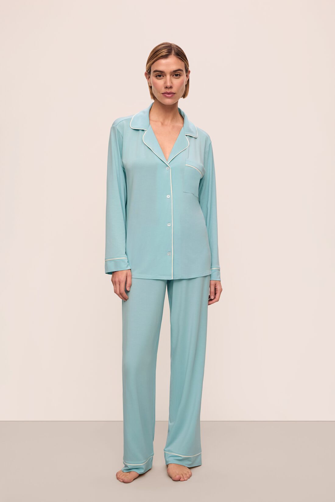 Model is wearing Gisele Tencel™ Modal Long Pj Set in Canal Blue/Ivory