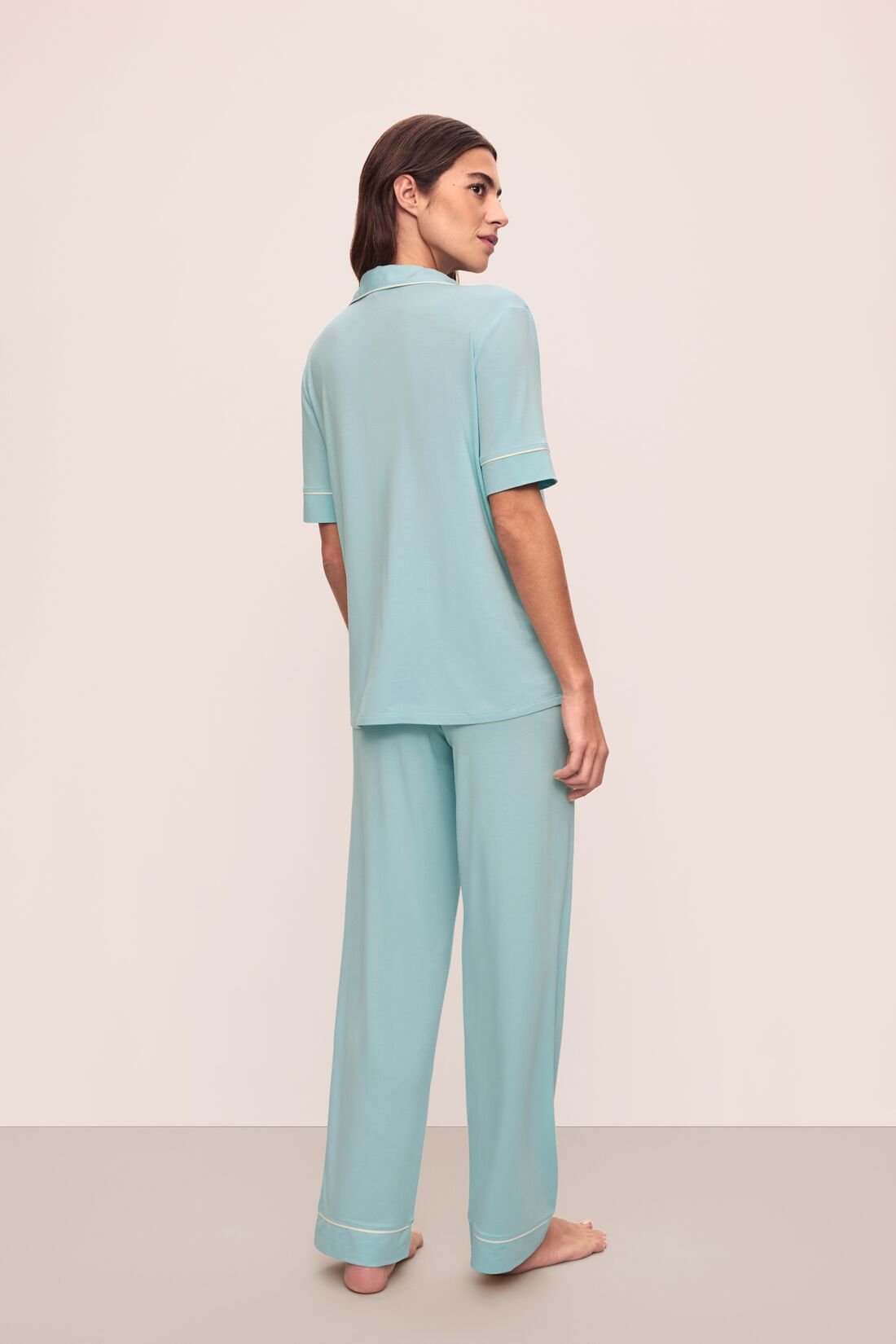 Model is wearing Gisele Tencel™ Modal Short Sleeve & Pant Pj Set in Canal Blue/Ivory