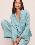 Model is wearing Inez Washable Silk Long Pj Set in Canal Blue/Ivory