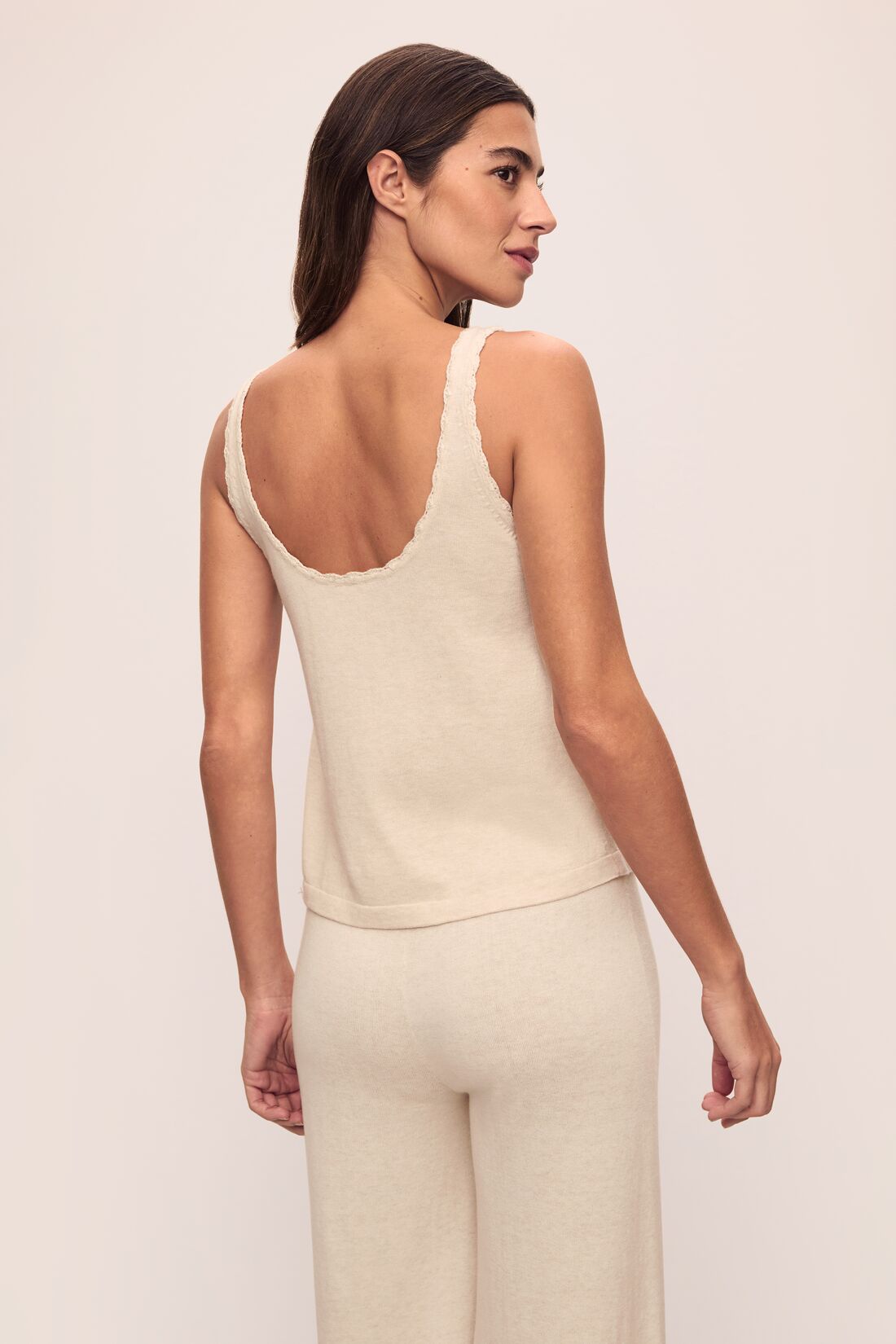 Model is wearing Fine Gauge Sweater Tank in Almond Heather