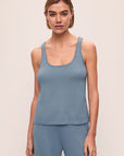 Model is wearing Fine Gauge Sweater Tank in Faded Denim