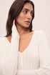Model is wearing Pointelle V Neck Henley in Ivory